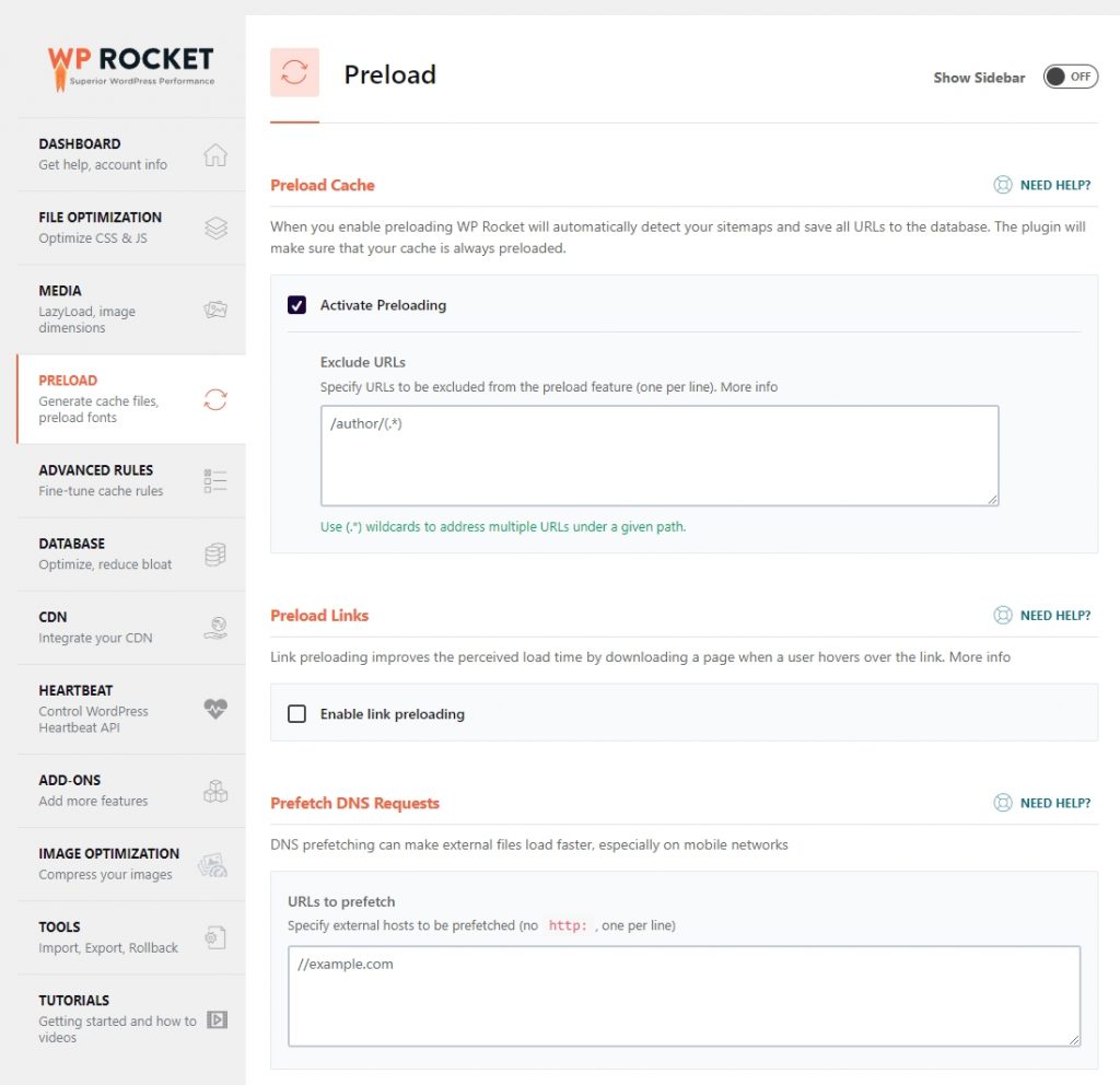 WP Rocket配置界面